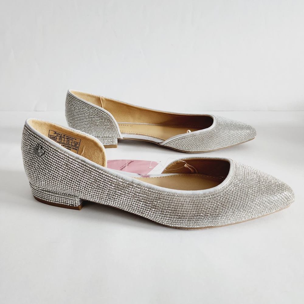 Juicy Couture Pointed Toe Silver Rhinestone Ballet Flats Size 7.5